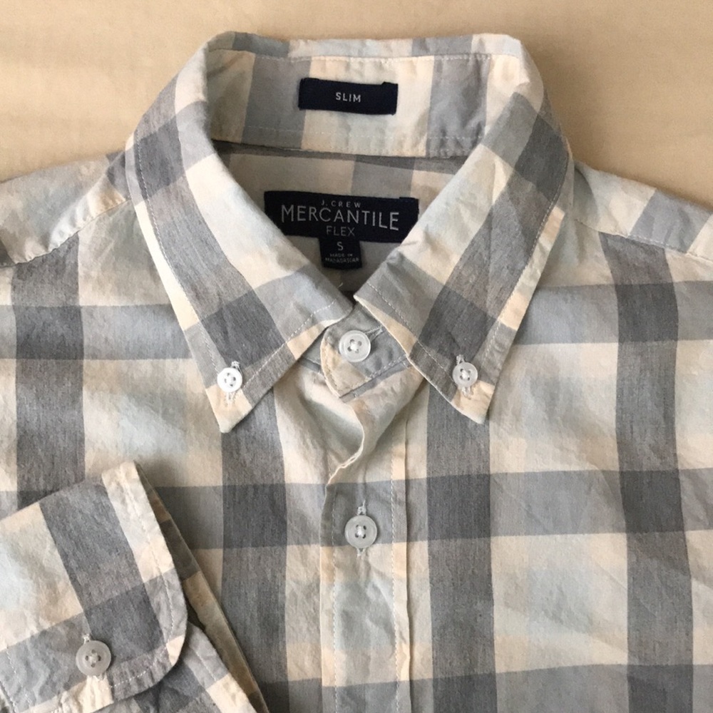 J. Crew Mens S Dress Shirt Long Sleeve Button Up Slim Checks Yellow Gray Blue